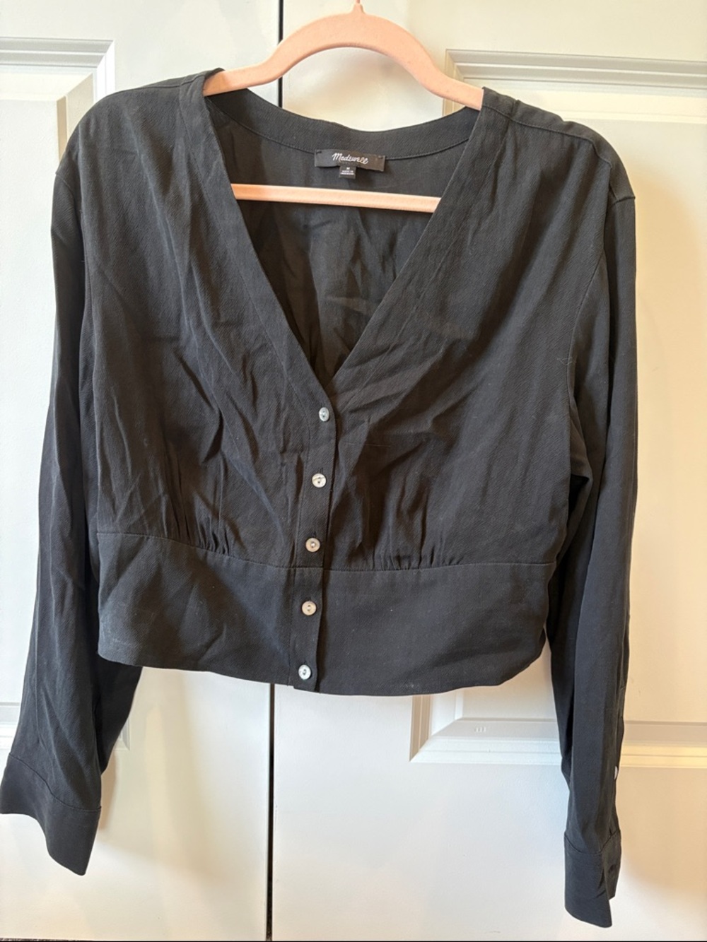 Madewell Black Button-Front V-Neck Long Sleeve Top